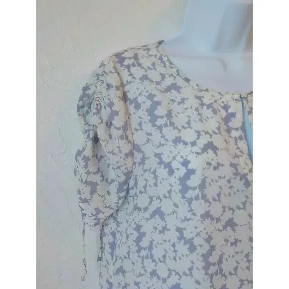 Rose Olive Women Small White Purple Floral Top Chiffon Shirred Short Sleeve - Picture 4 of 7